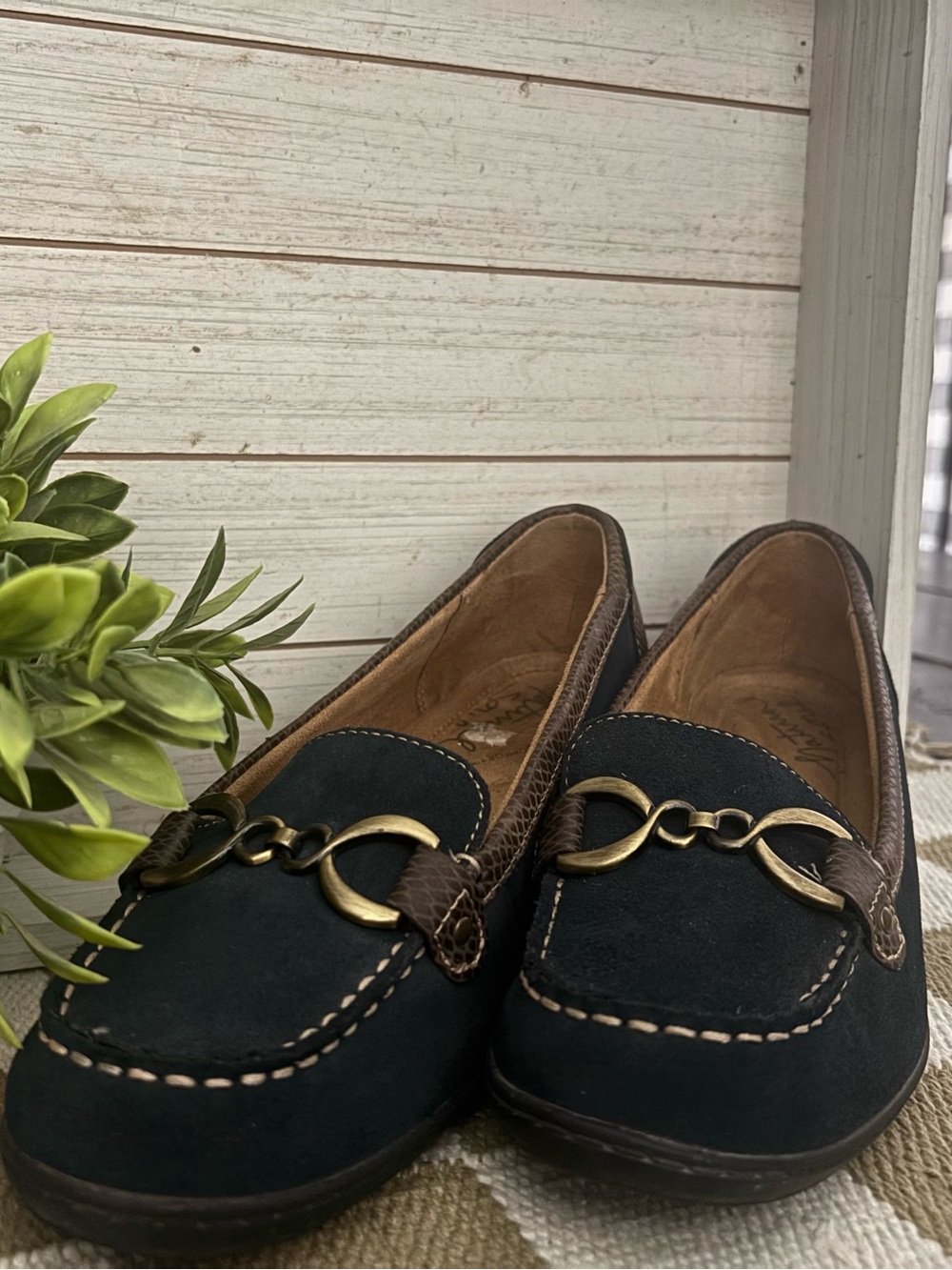 Women Blue Suede Loafers with Gold Horsebit Accent
